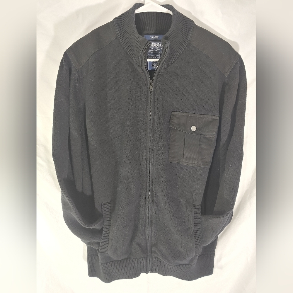 American Rag Black Cotton Military Style Zip Up Sweater Jacket Men's XL